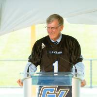 President Tom Haas speaking at the Jamie Hosford Football Center dedication.